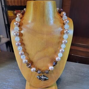 Handmade Sealife Necklace with Antique Copper Fish Pendant and Glass Pearls